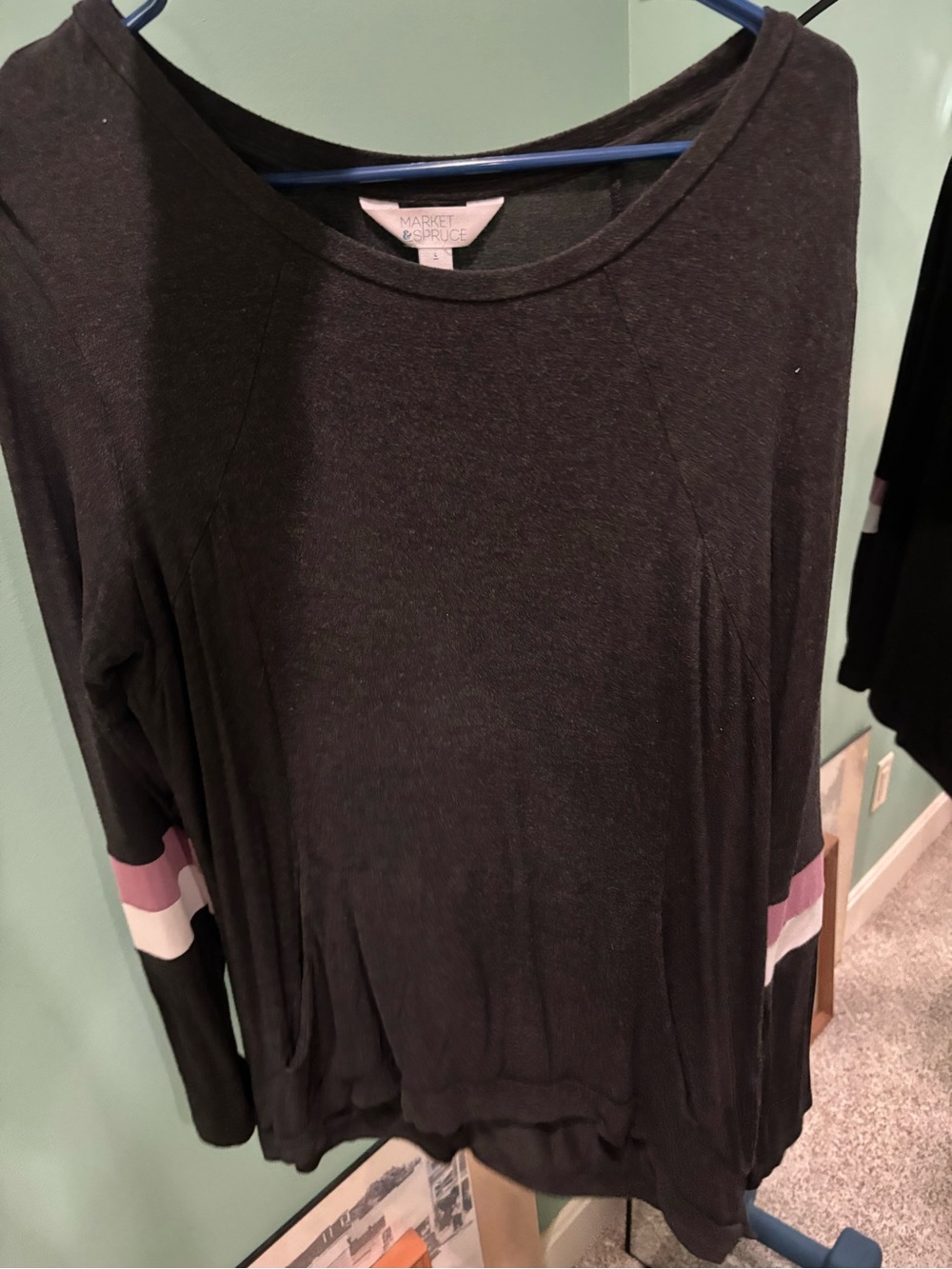 Market & Spruce Black Long Sleeve Top with Pink and White Sleeve Stripes